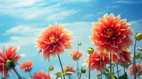 Closeup of colorful blooming dahlia flowers in front of cloudy blue sky