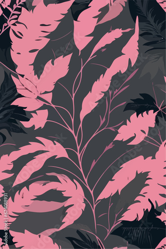 Flat 2D Vector Pink and Grey Monstera Leaves Texture Seamless Background