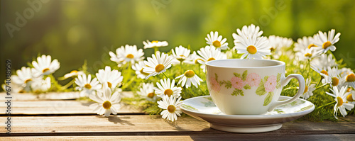 Camomille flower with cup of the tea.