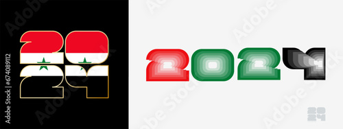 Year 2024 with flag of Syria and in color palate of Syria flag. Happy New Year 2024 in two different style.