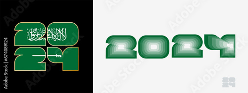 Year 2024 with flag of Saudi Arabia and in color palate of Saudi Arabia flag. Happy New Year 2024 in two different style.