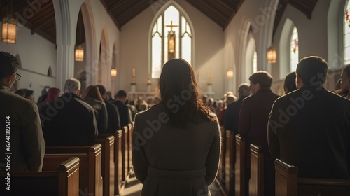 People stand up during the service in a church. peaceful rural in america. generative AI