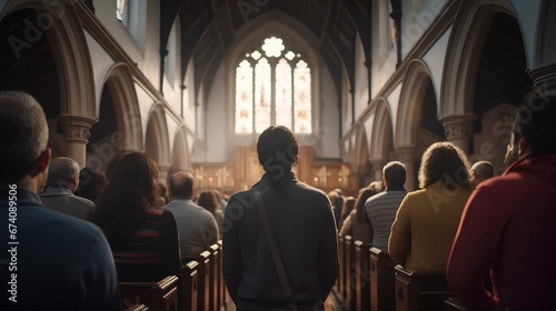 People stand up during the service in a church. peaceful rural in america. generative AI