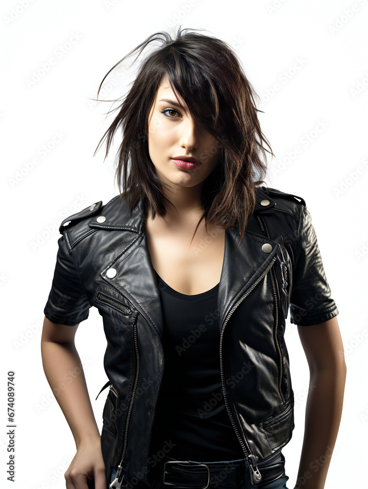 Partying woman portrait with biker style. Isolated white background. Generative AI Partying woman portrait with biker style. Isolated white background. Generative AI