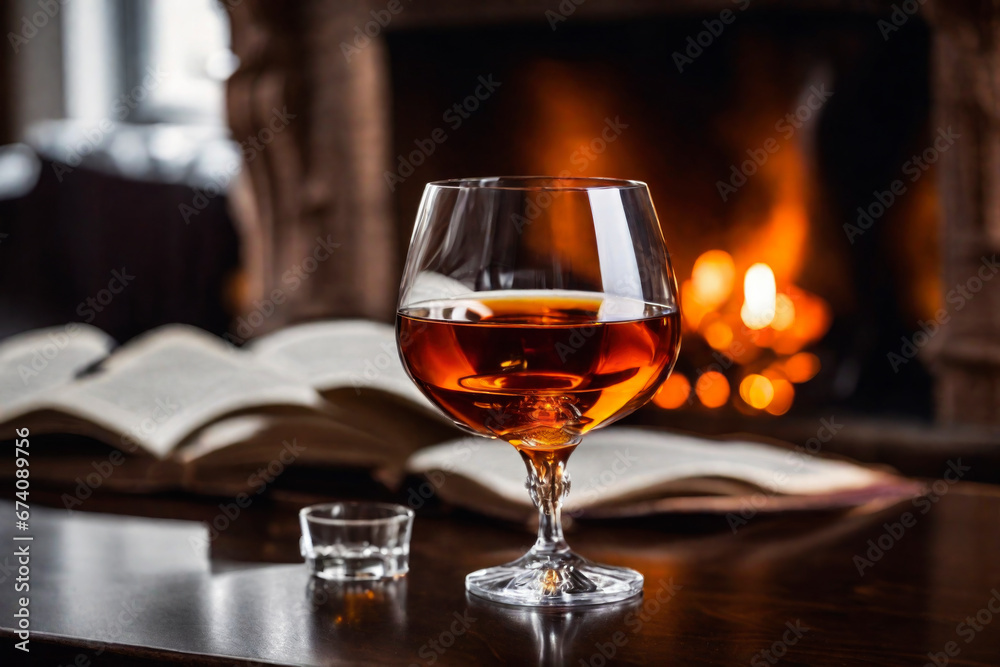 Naklejka premium Glass of cognac on the background of a burning fireplace