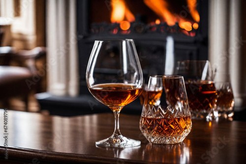 Glass of cognac on the background of a burning fireplace
