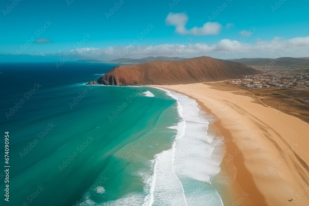 Bird's-eye view of sandy seaside on Porto Santo island. Generative AI