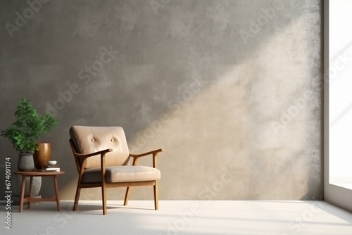 Background with armchair and furniture, empty wall mockup, 3D rendering. Generative AI