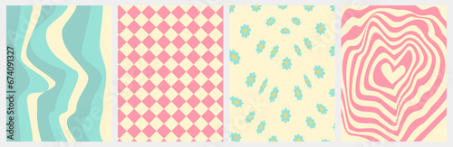 Cool retro backgrounds of the 60s, 70s in pink and blue colors. Chess board, wavy patterns. Vector posters with lines, squares, hearts and flowers in a groovy style. Y2k aesthetics.