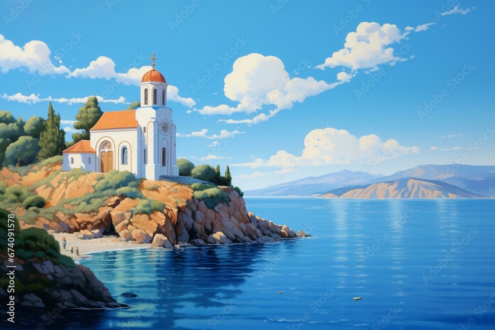 Scenic cliffside church with blue dome, overlooking ocean, boat in water. Generative AI