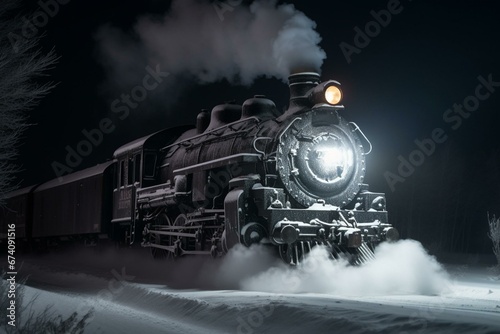 Puffing locomotive speeds through icy night. Generative AI