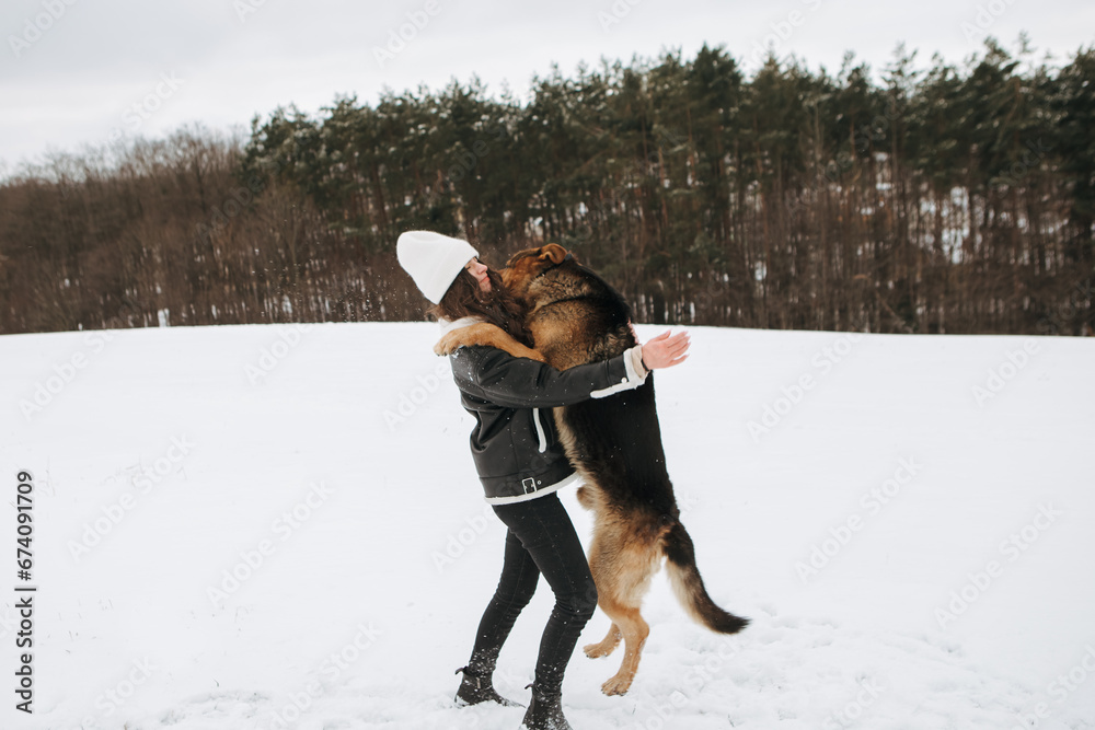 Young woman walk the dog German Shepherd in winter field forest, running playing with snow, training the animal in harsh conditions, wind blowing. Christmas Time, New Year