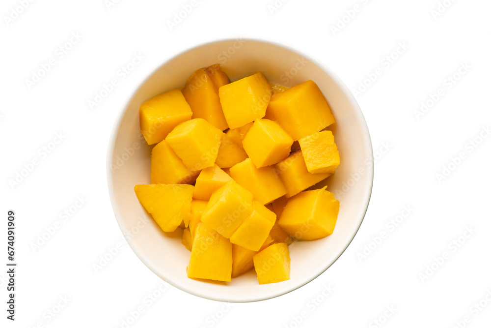 Top view of slices mango in a bowl isolated on white background
