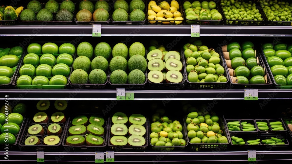 boxes of fresh kiwis in a well-lit grocery store. The presence of ample free space provides a perfect canvas for promoting healthy organic food products.