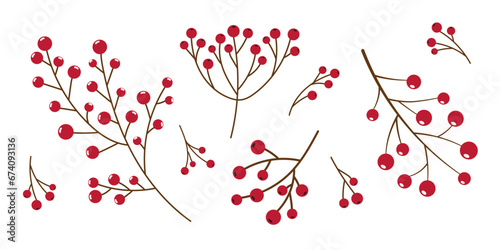 Collection of Branches with red Berries Isolated on white. Winter Christmas Decoration for gift wrapping, wreath, plant garland. Natural element for Design