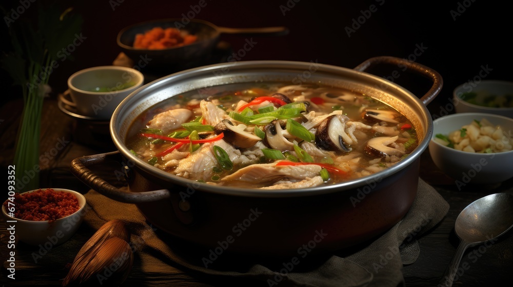 South Korea's traditional chicken soup, abalone, and ginseng presented elegantly, there's abundant open space for text to convey the essence of this nourishing dish. South Korea's traditional chicken soup, abalone, and ginseng presented elegantly, there's abundant open space for text to convey the essence of this nourishing dish.