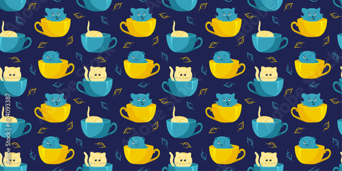 Pattern tea time with cat. Vector image, Flat Template design poster with kittens and cups, international tea day.