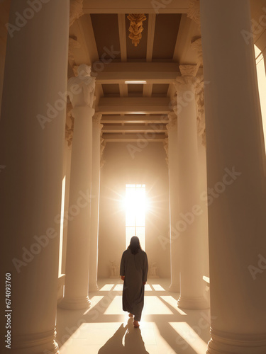  jesus waliking on a holy place, desert,ancient desert temple church