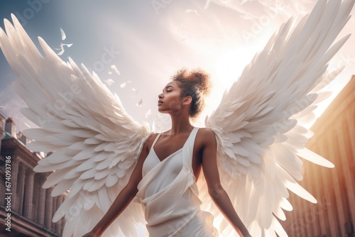 Woman in white dress like angel with wings, AI generated