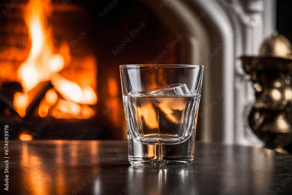 Glass of vodka on the background of a burning fireplace Glass of vodka on the background of a burning fireplace