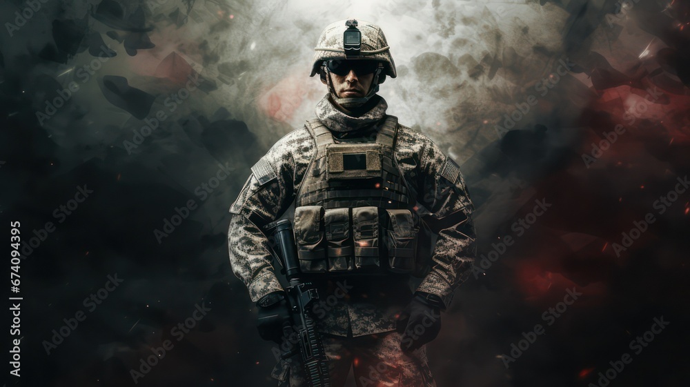 Soldier standing on a camouflage background with lots of copy space on the right side created with Generative AI