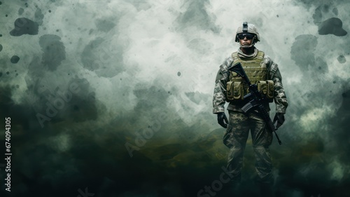 Soldier standing on a camouflage background with lots of copy space on the right side created with Generative AI © mg photo