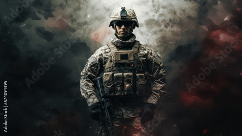 Soldier standing on a camouflage background with lots of copy space on the right side created with Generative AI