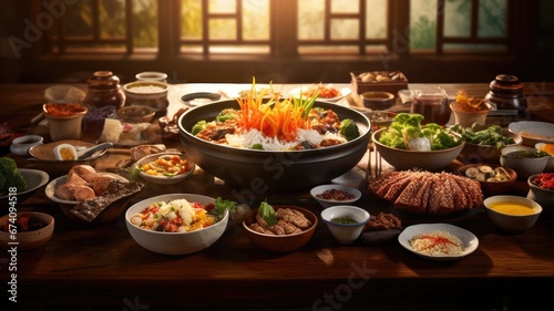 a delectable spread of Korean traditional food elegantly arranged on a table. The abundant open space is ideal for including text or descriptions of these flavorful dishes.