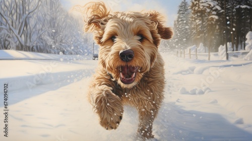 Snapshot of a Dog Racing in the Snow During Winter in the Warm Sunlight, Generative AI