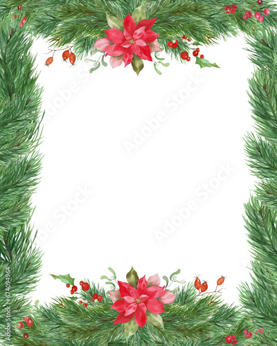 Watercolor Christmas frame. Hand drawn floral illustration with pine, poinsettia, holly, mistletoe isolated on transparent background. PNG