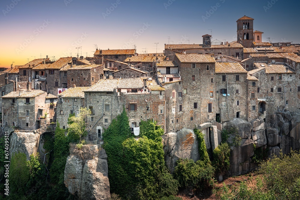 Vitorchiano - medieval ancient town in Italy, Tuscany during sunset.