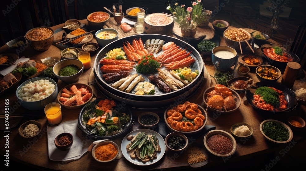 a delectable spread of Korean traditional food elegantly arranged on a table. The abundant open space is ideal for including text or descriptions of these flavorful dishes. a delectable spread of Korean traditional food elegantly arranged on a table. The abundant open space is ideal for including text or descriptions of these flavorful dishes.