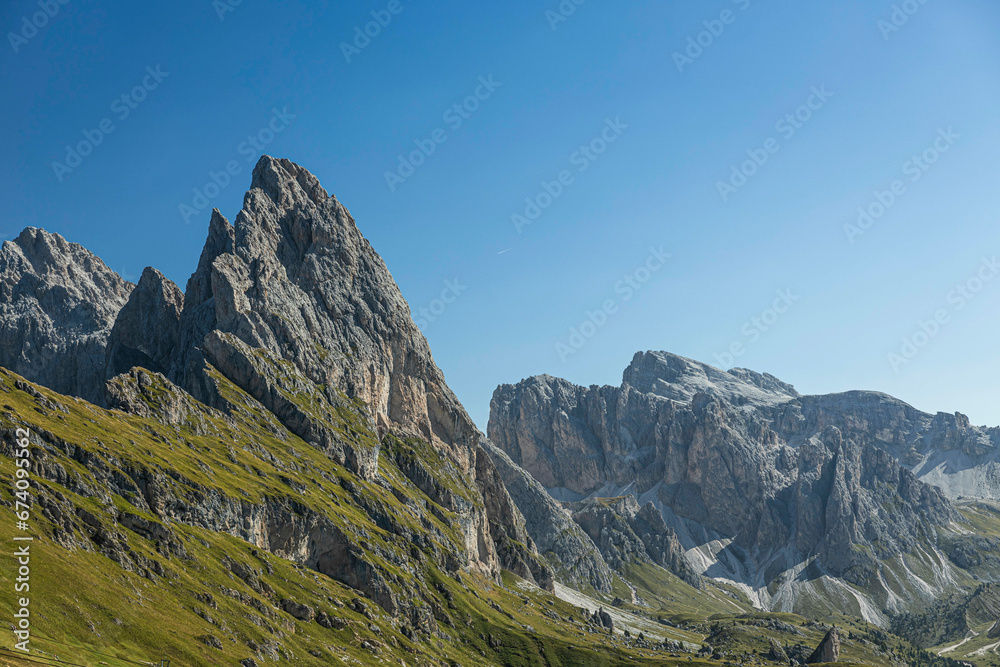 The world famous peaks of Seceda in the Italian Dolomites on a clear day.