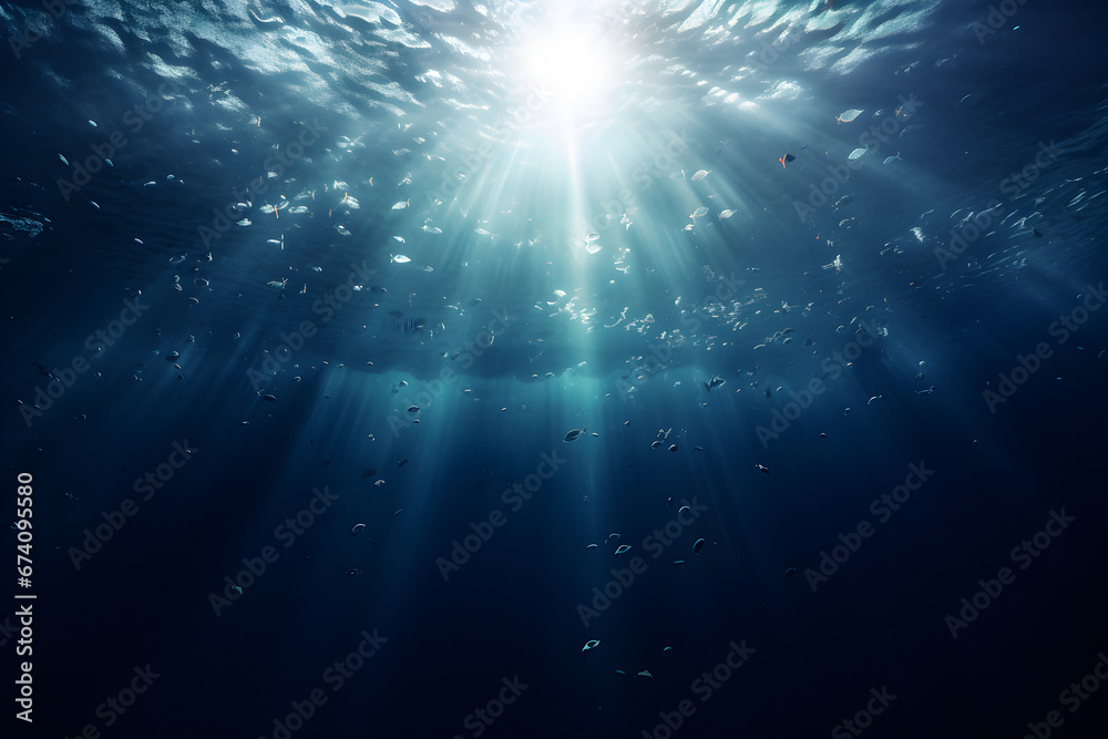 underwater rays, blue ocean, ocean surface seen, water wallpaper, banner, poster, brochure or presentation underwater rays, blue ocean, ocean surface seen, water wallpaper, banner, poster, brochure or presentation