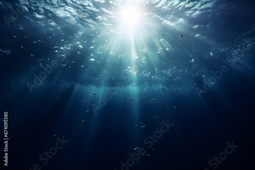 underwater rays, blue ocean, ocean surface seen, water wallpaper, banner, poster, brochure or presentation