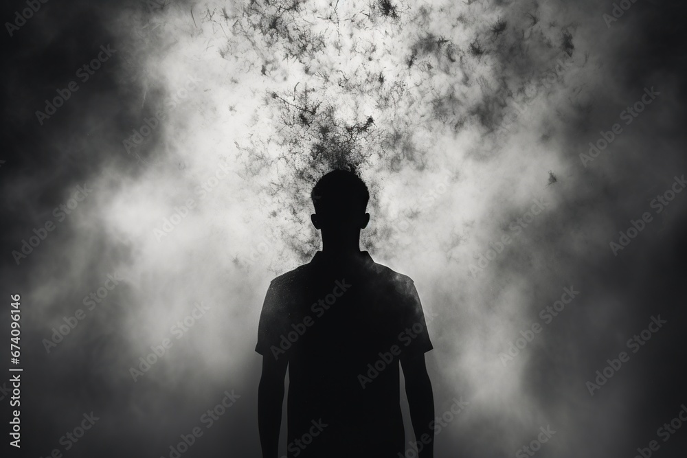 Concept of problems and personal crisis of a person. Image of a man in smoke in the dark. Created by artificial intelligence Concept of problems and personal crisis of a person. Image of a man in smoke in the dark. Created by artificial intelligence