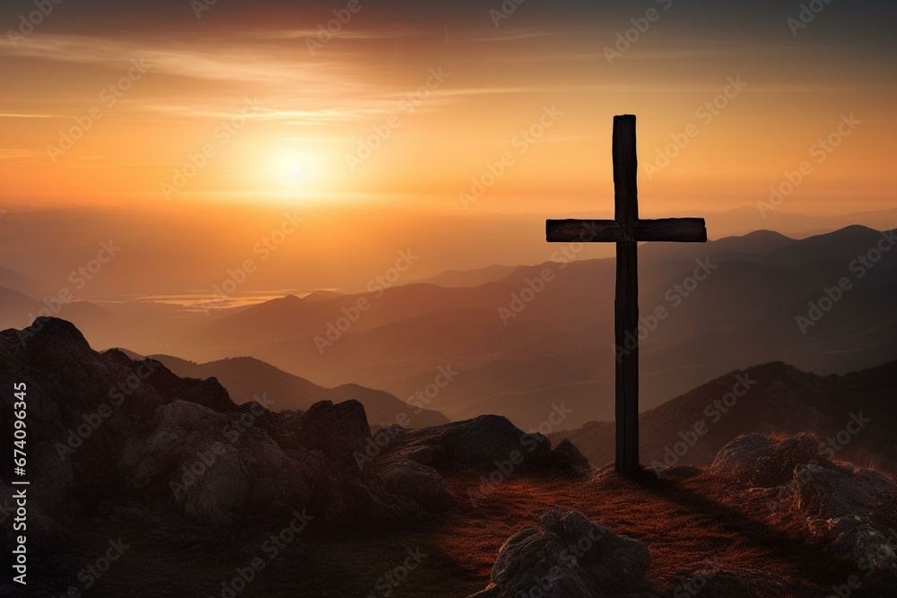 Mountain silhouette with crucifix against a sunrise, illustrating the concept of Easter. Generative AI