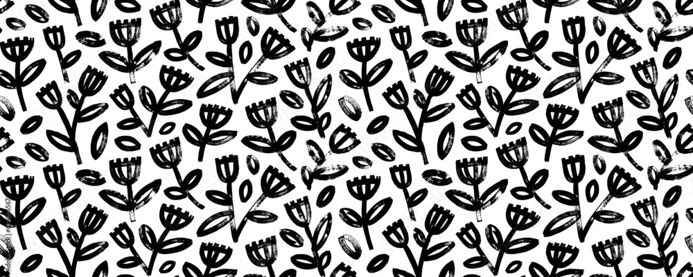 Botanical seamless banner design with wild plants. Brush drawn geometric style flowers. Botanical seamless banner design with wild plants. Brush drawn geometric style flowers.