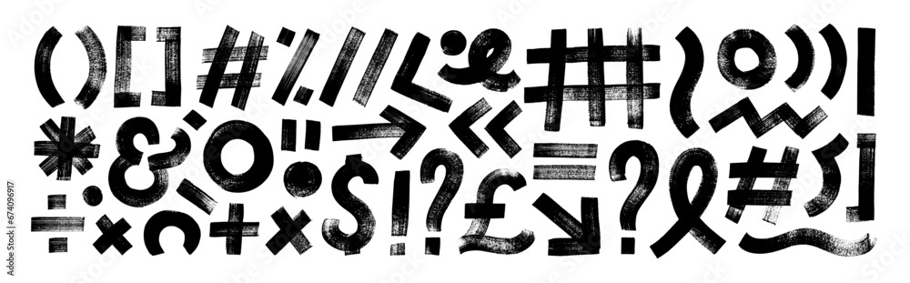 Punctuation signs drawn with a bold brush. Check marks, exclamation and question marks.