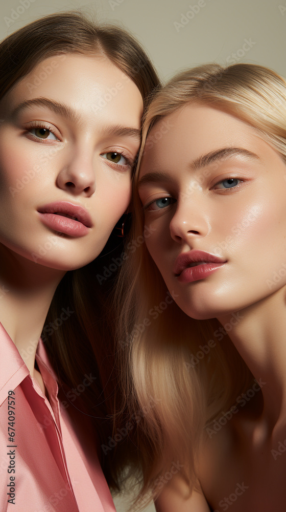 Two beautiful young women with natural makeup. Advertising for Beauty Salon, Cosmetics, face and body skin care. Two beautiful young women with natural makeup. Advertising for Beauty Salon, Cosmetics, face and body skin care.