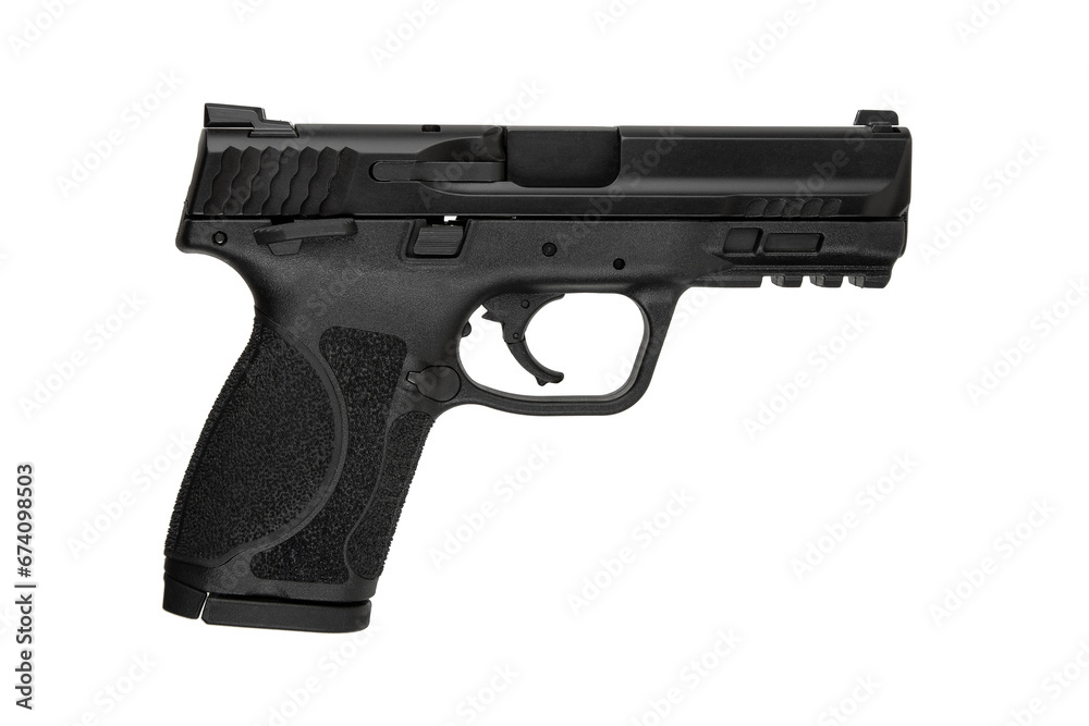 Modern semi-automatic pistol isolate on a white background. Armament for the army and police. Short-barreled weapon