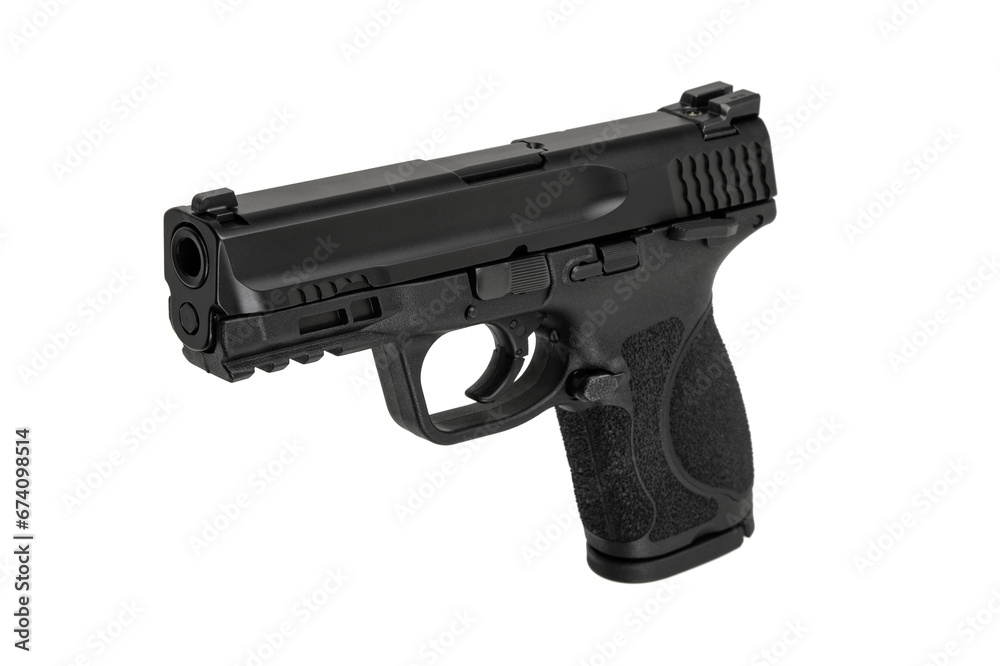 Modern semi-automatic pistol isolate on a white background. Armament for the army and police. Short-barreled weapon Modern semi-automatic pistol isolate on a white background. Armament for the army and police. Short-barreled weapon