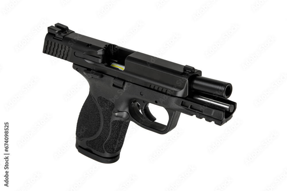 Modern semi-automatic pistol isolate on a white background. Armament for the army and police. Short-barreled weapon Modern semi-automatic pistol isolate on a white background. Armament for the army and police. Short-barreled weapon