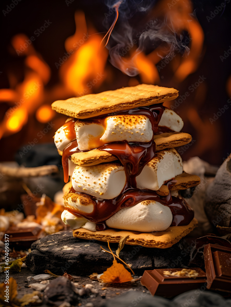 close up of smores - cracker, marshmallow, chocolate on fire