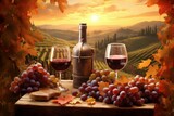 scenic vineyard scene with wine glasses and grapes. Generative AI