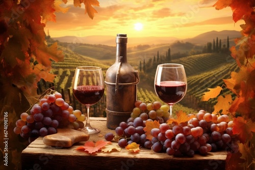 scenic vineyard scene with wine glasses and grapes. Generative AI