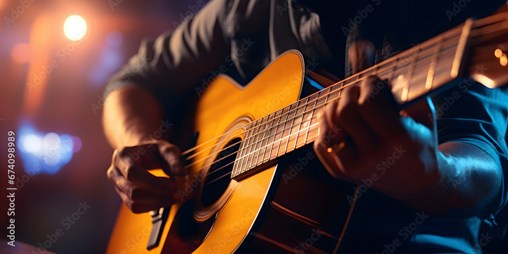Fototapeta premium A Closeup Photograph of a Man Playing an Acoustic Guitar on Stage