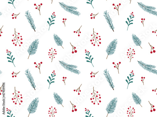 Seamless pattern with Christmas plants. Pine fir spruce branches and red berries on a white background. Winter holiday floral ornament for design