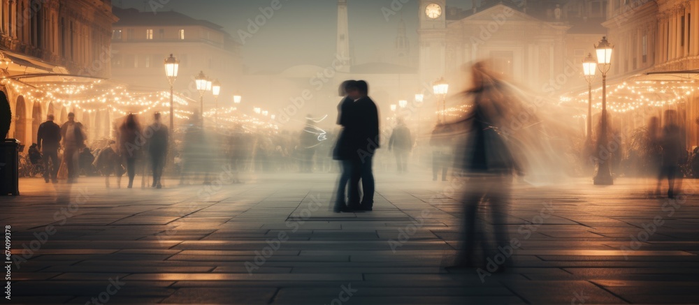 Silhouette of a couple in love against the backdrop of the bustle of the city. Long exposure. Motion blur. Relationship.