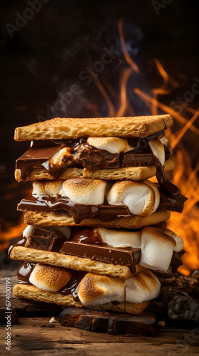 close up of smores - marshmallow, cracker, chocolate on fire